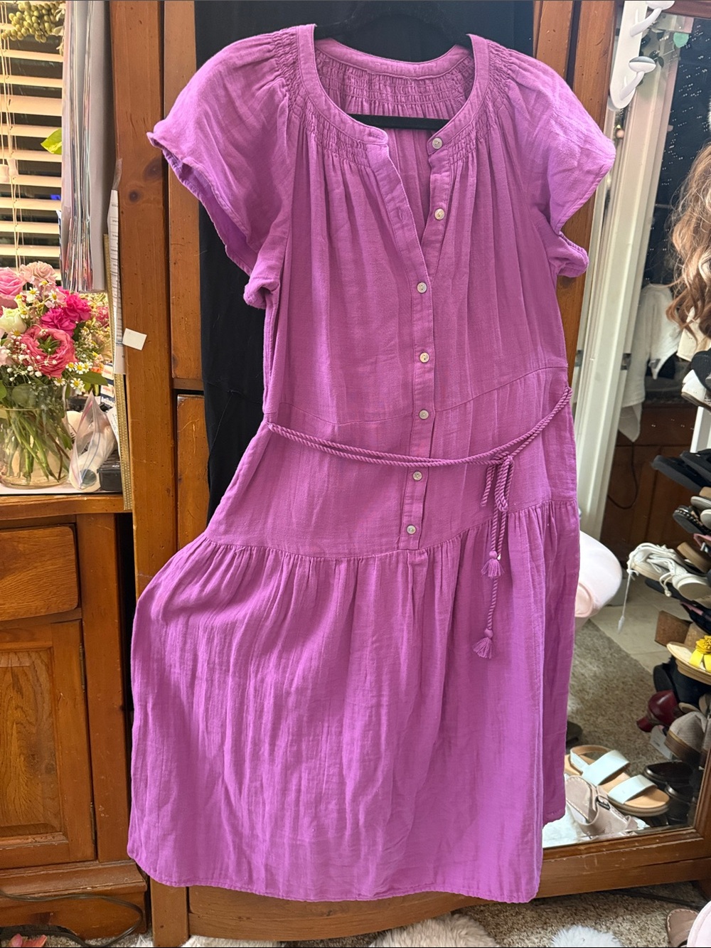 Women's Summer Cool Cotton Button-Front Tiered Dress with Tassel Belt